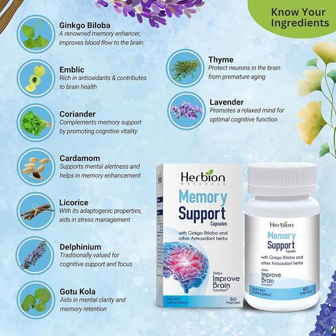HERBION Naturals Memory Support Capsules – Helps Improve Brain Function & Absent Mindedness, Maintains Healthy Mood Levels with Ginkgo Biloba - for Adults, 60 Count (Pack of 1) in Kuwait