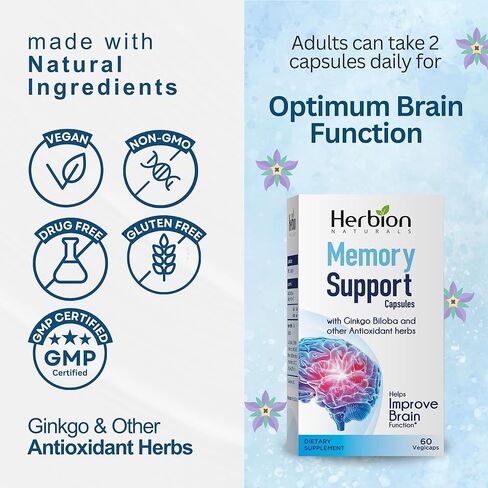 HERBION Naturals Memory Support Capsules – Helps Improve Brain Function & Absent Mindedness, Maintains Healthy Mood Levels with Ginkgo Biloba - for Adults, 60 Count (Pack of 1) in Kuwait