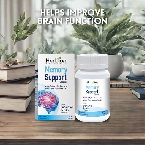 HERBION Naturals Memory Support Capsules – Helps Improve Brain Function & Absent Mindedness, Maintains Healthy Mood Levels with Ginkgo Biloba - for Adults, 60 Count (Pack of 1) in Kuwait