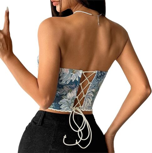 Holiberty Sexy Vintage Floral Print Camisole Crop Tops for Women Retro Embroidery Pattern Tube Top Lace Up Shapewear Corset in Kuwait