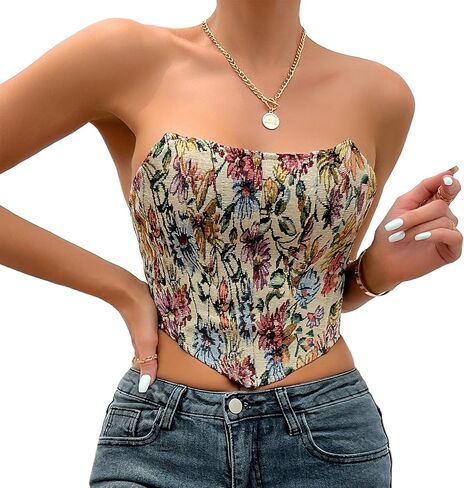 Holiberty Sexy Vintage Floral Print Camisole Crop Tops for Women Retro Embroidery Pattern Tube Top Lace Up Shapewear Corset in Saudi Arabia