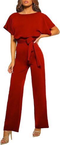 Women's Short Sleeve Jumpsuits Belted Wide Leg Long Pant Romper in Saudi Arabia