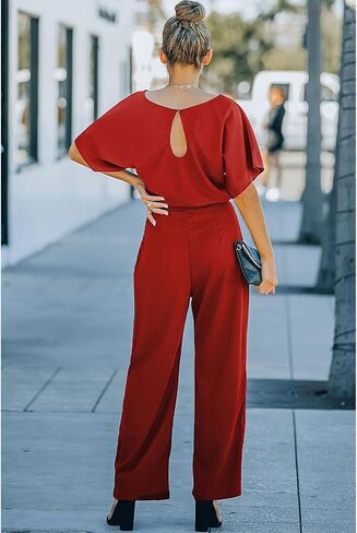 Women's Short Sleeve Jumpsuits Belted Wide Leg Long Pant Romper in Saudi Arabia
