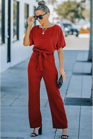 Women's Short Sleeve Jumpsuits Belted Wide Leg Long Pant Romper in Saudi Arabia