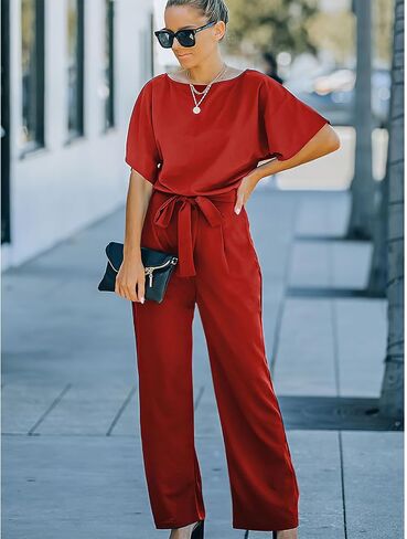 Women's Short Sleeve Jumpsuits Belted Wide Leg Long Pant Romper in Saudi Arabia