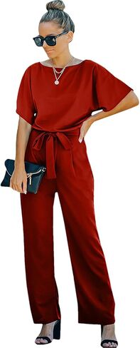 Women's Short Sleeve Jumpsuits Belted Wide Leg Long Pant Romper in Saudi Arabia