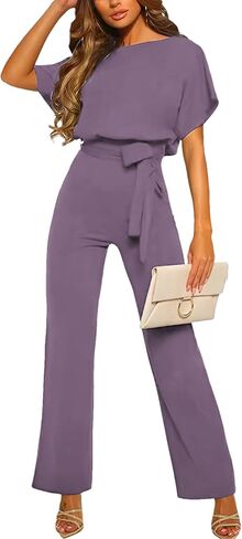 Women's Short Sleeve Jumpsuits Belted Wide Leg Long Pant Romper in Saudi Arabia