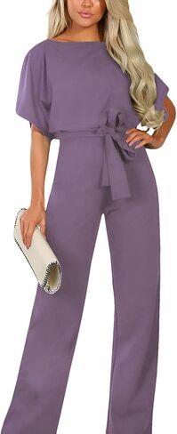 Women's Short Sleeve Jumpsuits Belted Wide Leg Long Pant Romper in Saudi Arabia