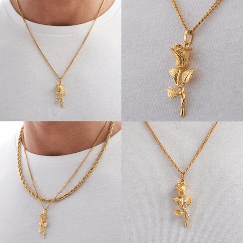 | Rose Pendant Necklace | 20.5" Chain Link with 20MM x 20MM Pendant | Waterproof, Heat & Sweat Resistant | Gifts for Men | Men's Jewelry | in Saudi Arabia