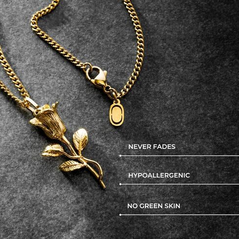 | Rose Pendant Necklace | 20.5" Chain Link with 20MM x 20MM Pendant | Waterproof, Heat & Sweat Resistant | Gifts for Men | Men's Jewelry | in Saudi Arabia