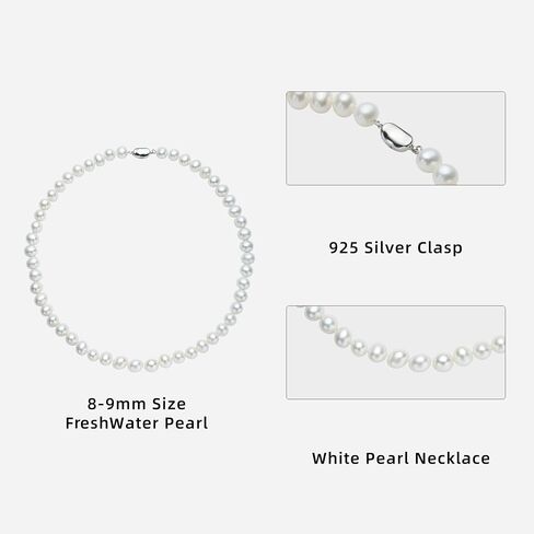 Pearl Necklace 17 Inches 5MM/6MM/7MM/8MM Round Freshwater Pearl Strand Necklace for Women/Mother/Girlfriend Jewelry Gifts for Wedding Brides Birthday in Kuwait