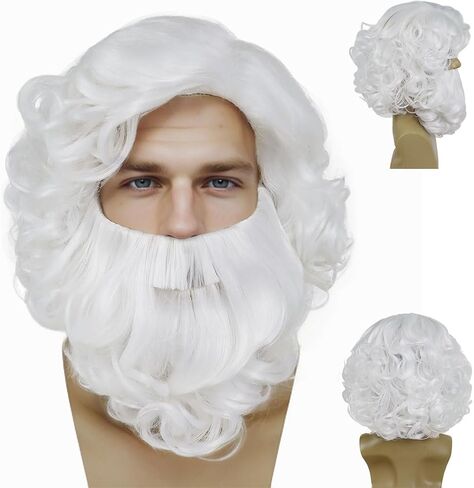 GNIMEGIL Santa Beard and Wig Set Short Curly White Wigs for Old Man Bald Wig Wizard Wigs Costume Accessories Christmas Claus Suit for Men Women Halloween Carnival Party in Saudi Arabia