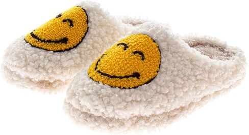 Josmo Girls Smiley Face Fur Slides - Cozy Fluffy Indoor Slippers in Saudi Arabia