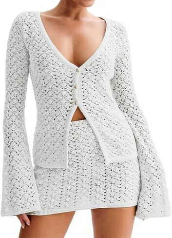 Women Crochet 2 Piece Outfits Set Swimwear Cover Up Flared Long Sleeve Button Down Tops Beach Mini Skirt Vacation Outfits in Saudi Arabia