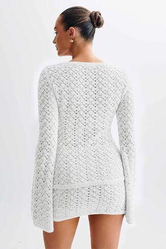 Women Crochet 2 Piece Outfits Set Swimwear Cover Up Flared Long Sleeve Button Down Tops Beach Mini Skirt Vacation Outfits in Saudi Arabia