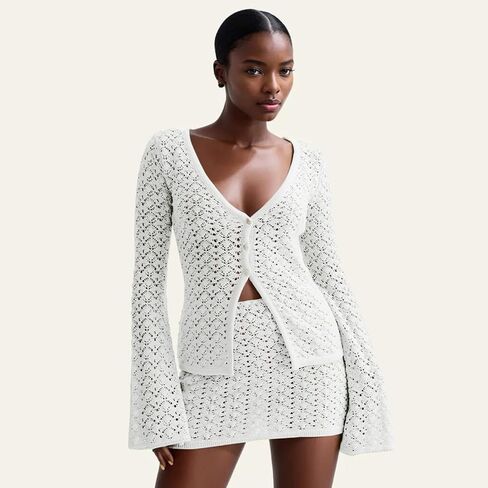 Women Crochet 2 Piece Outfits Set Swimwear Cover Up Flared Long Sleeve Button Down Tops Beach Mini Skirt Vacation Outfits in Saudi Arabia