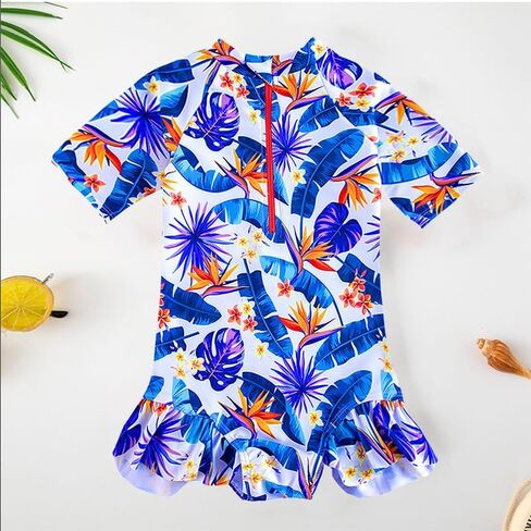 Toddler Girl Swimsuit One Piece Rash Guard Bathing Suit Little Girls Short Sleeve Quick Dry Swimwear 1-7 Years in Saudi Arabia