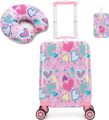 Kid's Luggage Set 16" Hardside Luggage with Spinner Wheels 2 Piece Suitcase Set Girls Carry on Toddler Travel Rolling Suitcase with Neck Pillow Airline Approved in Saudi Arabia