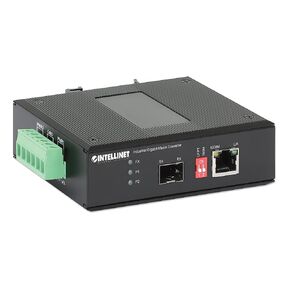 Intellinet Industrial Gigabit Ethernet Media Converter, Metal Housing, Autonegotiation, 10/100/1000Base-TX to SFP, 75 mi, IP40-rated, DIN-Rail, 2 DC inputs, 3 Yr Mfg Warranty, 508971