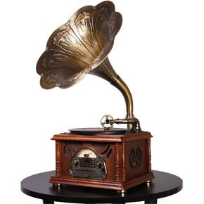 Bluetooth Phonograph Record Player,Portable Version Gramophone Vintage Retro Style Subwoofer Speaker/Aux-in,CD,FM/AM Radio,45 RPM Adapter, for HX-411/12/NF-601/605/610 (Horn with Texture)
