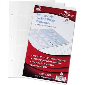 Movie Ticket Collector, Sheet Protector - Top Loading, Clear - Archival Safe, 3 Hole Punched - Pack of 20 Pages