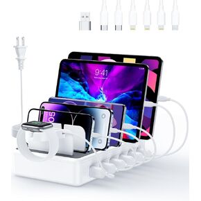 Charging Station for Multiple Devices, 50W 6 Ports Multi Charger Station Charging Dock with Groove Design and 6 Mixed Charging Cables for iPhone, iPad, Kindle, Tablet, Cellphone and Others