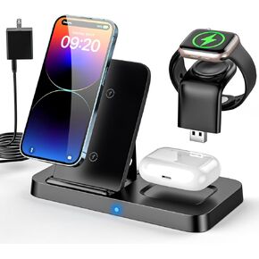 3 in 1 Wireless Charging Station, Portable Fast Wireless Charger for iPhone 15/14/13/12/11/Xr/X/8Plus/8 Phone Charger Stand Compatible with Apple Watch, Charging Dock for AirPods (with Adapter)