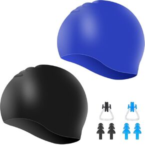 2 Pack Unisex Swim Caps Waterproof Silicone Swimming Caps Durable Elastic Non-Slip Bathing Swimming Pool Caps with Ear Plugs & Nose Clips for Women Men Adults Boys Girls