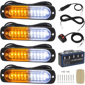 LINKITOM 4pcs Ultra Slim Sync Feature 10-LED Emergency Hazard Warning Strobe Lights with Main Control Box Surface Mount (Amber&White)