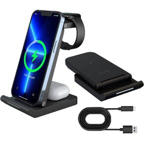 【3 in 1】 Wireless Charger, Portable Wireless Charging Station, 15W Qi Fast Charge, iPhone Charger for iPhone 15/14/13/12/11/X/Samsung/Apple Watch AirPods and Android Phones etc