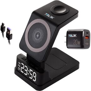 Wireless Charger 4 in 1 Station with Digital Clock and Alarm - 15W - 3 in 1 Fast Charging Dock for Apple, Compatible iPhone Magsafe and Apple iWatch and AirPods - Includes 20W Adapter - TRIDIK