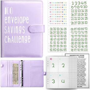 100 Envelope Challenge Binder Kit, A5 Money Saving Challenge Book with 25 Cash Envelopes, Cash Stuffing Binder with Digital Stickers, Purple Money Planner in Kuwait