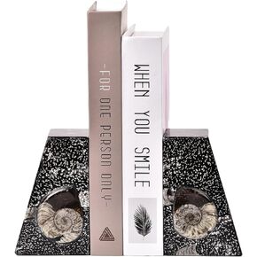 JIC Gem Orthoceras Fossil Bookends Black Fossil Bookends Decorative Heavy Duty Fossil Book Ends for Shelves with Rubber Bumpers （1 Pair 4-5lbs ）
