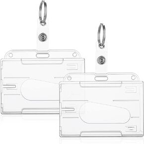 TIESOME ID Card Badge Holders with Keyring, 2 Pack Heavy Duty Badge Holders Keychain Hard Plastic Clear Card Protector Thumb Slot Card Case School Office Supplies(Horizontal)