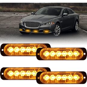 4pcs Universal 12V-24V Super Bright Amber/Amber 18W 6-LED Warning Emergency Construction Surface Mount Beacon Flash Caution Strobe Light Bar