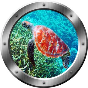 Sea Turtle Wall Decal Porthole 3D Sticker Sea Life Wall Decor VWAQ-SP31 (14" Diameter)