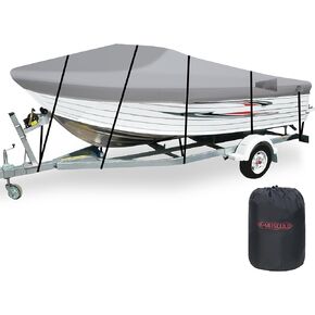K-Musculo Boat Cover, 14-16 ft Heavy Duty 800D Waterproof Boat Cover, Tear UV Resistant Boat Cover with Motor Cover, Fits V-Hull, Tri-Hull, Runabout Boat Cover (Boat Width 68in, Grey)