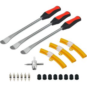 Tire Spoons Tool Set, Professional Tire Changing Kit for Dirt Bike, Motorcycle, Wheelchair, Lawn Mower, Tractor, 3X Tire Spoons, 3X Rim Protectors, 1X Valve Tool, 6X Valve Cores (Basic Sets)