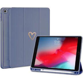 متوافق مع حافظة iPad 10.2 بوصة، حافظة iPad 9th/8th/7th Generation 2021/2020/2019 مع حامل أقلام وغطاء طرفي، حافظة واقية بنمط قلب الحب اللطيف للنساء والفتيات - أرجواني