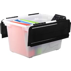 Storex Flip-Top Storage Tub, 22.5 x 13 x 15.25 Inches, Frost and Black (00903A04C), Clear