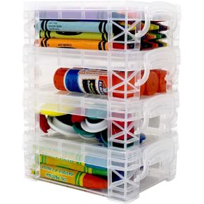 Storage Box, School Supplies Crayon Box, Clear Storage Organizer - Stackable Boxes - 4 Pack