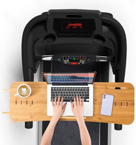Bamboo Treadmill Desk Attachment | Durable & Ergonomic Curved Design | Adjustable Straps, Cup Holder, Non-Slip Grips, Air Vent, Microfiber Towel w/Hangers | Color Packaging in Saudi Arabia
