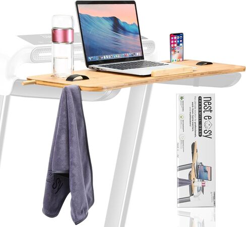 Bamboo Treadmill Desk Attachment | Durable & Ergonomic Curved Design | Adjustable Straps, Cup Holder, Non-Slip Grips, Air Vent, Microfiber Towel w/Hangers | Color Packaging in Saudi Arabia