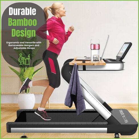 Bamboo Treadmill Desk Attachment | Durable & Ergonomic Curved Design | Adjustable Straps, Cup Holder, Non-Slip Grips, Air Vent, Microfiber Towel w/Hangers | Color Packaging in Saudi Arabia