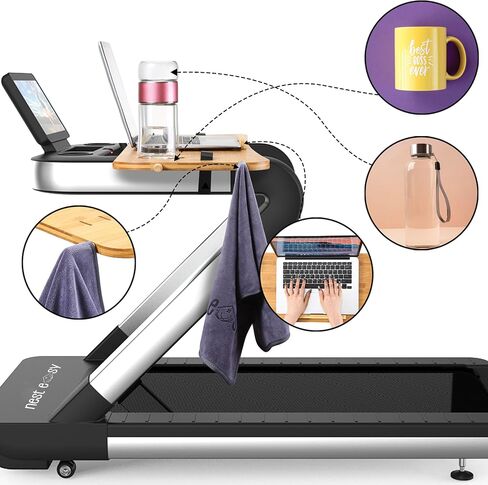 Bamboo Treadmill Desk Attachment | Durable & Ergonomic Curved Design | Adjustable Straps, Cup Holder, Non-Slip Grips, Air Vent, Microfiber Towel w/Hangers | Color Packaging in Saudi Arabia