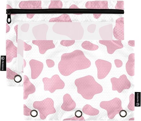 أكياس قلم رصاص مطبوعة على شكل بقرة وردية، 2 علبة مقلمة بسحاب لـ 3 حلقات مع نافذة شفافة من البولي فينيل كلوريد، أكياس أقلام بوليستر متينة مقاومة للماء in Kuwait