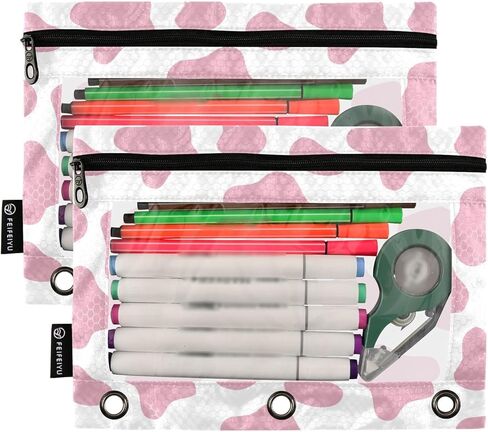 أكياس قلم رصاص مطبوعة على شكل بقرة وردية، 2 علبة مقلمة بسحاب لـ 3 حلقات مع نافذة شفافة من البولي فينيل كلوريد، أكياس أقلام بوليستر متينة مقاومة للماء in Kuwait