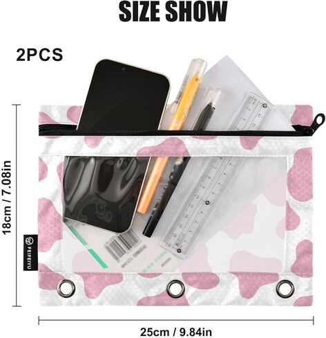 أكياس قلم رصاص مطبوعة على شكل بقرة وردية، 2 علبة مقلمة بسحاب لـ 3 حلقات مع نافذة شفافة من البولي فينيل كلوريد، أكياس أقلام بوليستر متينة مقاومة للماء in Kuwait