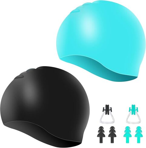 2 حزمة للجنسين قبعات السباحة للماء سيليكون قبعات السباحة دائم مرونة عدم الانزلاق الاستحمام قبعات حمام السباحة مع سدادات الأذن ومشابك الأنف للنساء الرجال البالغين الفتيان الفتيات in Kuwait