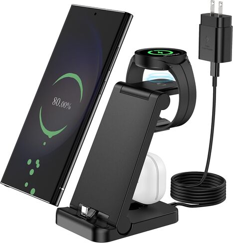 محطة شحن 3 في 1 لأجهزة سامسونج، شاحن 25 وات PD فائق السرعة لهاتف Samsung Galaxy S23 Ultra/S22/21/Note20/Z Fold5/4/3، Galaxy Buds2Pro/Plus/Liv، شاحن لاسلكي لساعة Galaxy Watch 6/5 pro/4 /3/نشط2 in Kuwait
